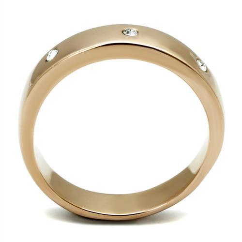 A beautiful women’s stainless steel ring featuring synthetic crystals in a stunning IP rose gold finish, perfect for elegant occasions.