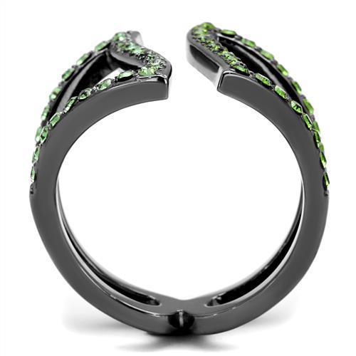 A stylish women's stainless steel ring featuring synthetic crystals in a multi-color design with an IP light black finish.