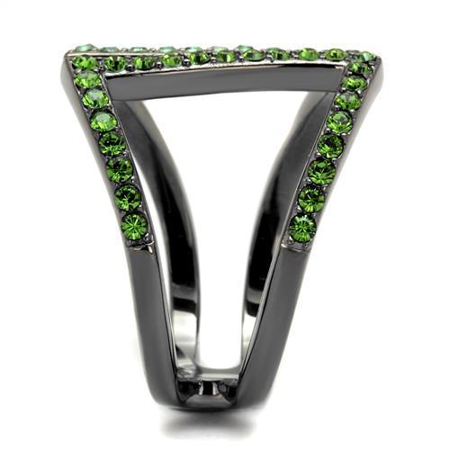 A stylish women's stainless steel ring featuring synthetic crystals in a multi-color design with an IP light black finish.