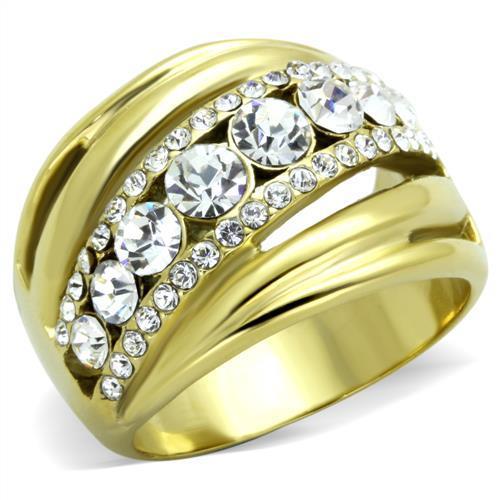 A stylish women's stainless steel ring with synthetic crystal accents and an IP gold finish, showcasing elegance and durability.