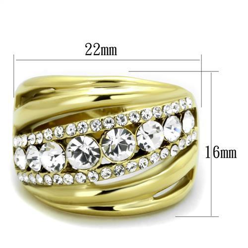 A stylish women's stainless steel ring with synthetic crystal accents and an IP gold finish, showcasing elegance and durability.