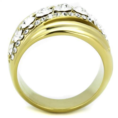 A stylish women's stainless steel ring with synthetic crystal accents and an IP gold finish, showcasing elegance and durability.