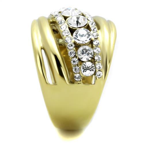 A stylish women's stainless steel ring with synthetic crystal accents and an IP gold finish, showcasing elegance and durability.