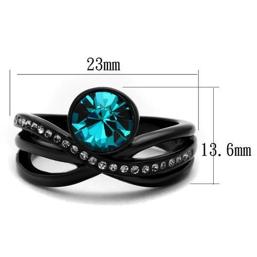 Elegant Women Stainless Steel Ring with Blue Zircon Synthetic Crystal and IP Black Ion Plating.