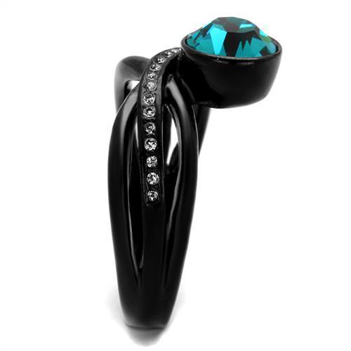 Elegant Women Stainless Steel Ring with Blue Zircon Synthetic Crystal and IP Black Ion Plating.