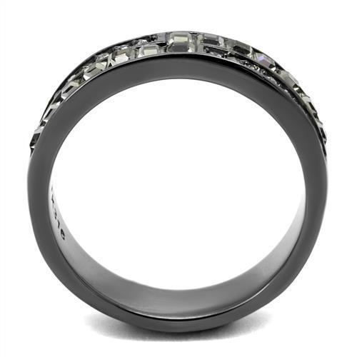 A stylish women's stainless steel ring featuring synthetic crystals and black diamond accents, showcasing a modern design.