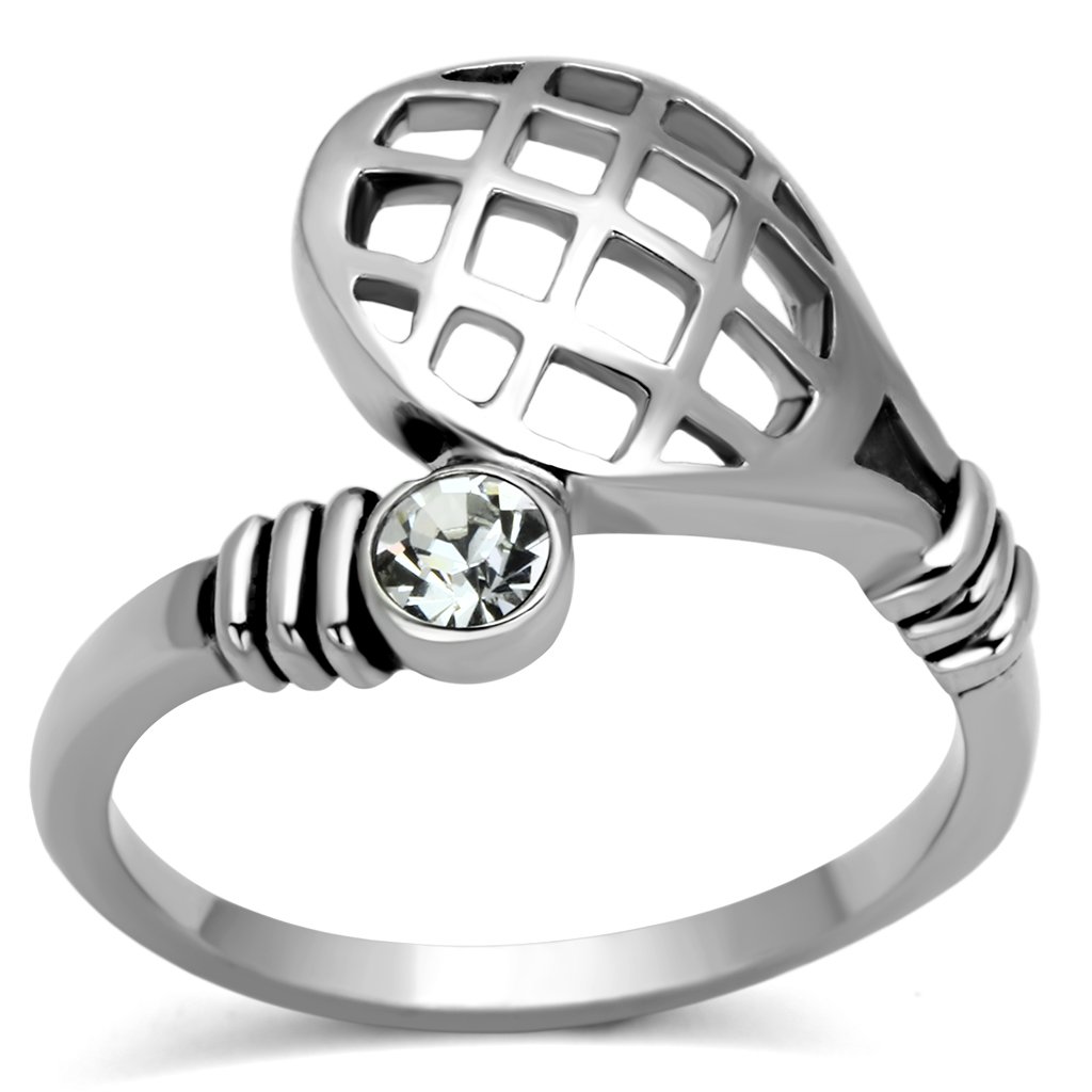 A beautiful women's stainless steel ring featuring a high-polished finish and a clear synthetic crystal centerpiece, perfect for elegant styling.