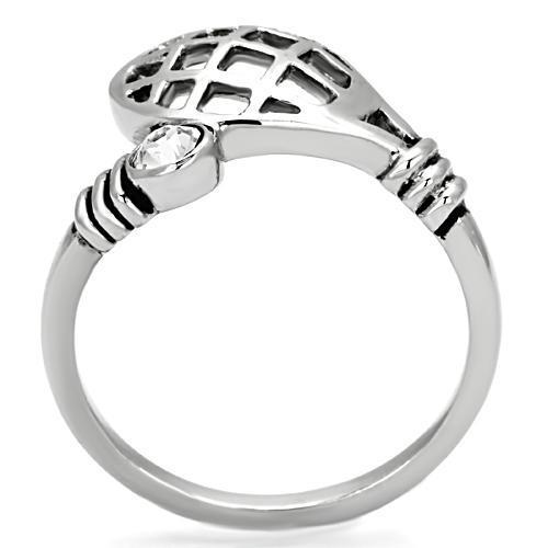 A beautiful women's stainless steel ring featuring a high-polished finish and a clear synthetic crystal centerpiece, perfect for elegant styling.