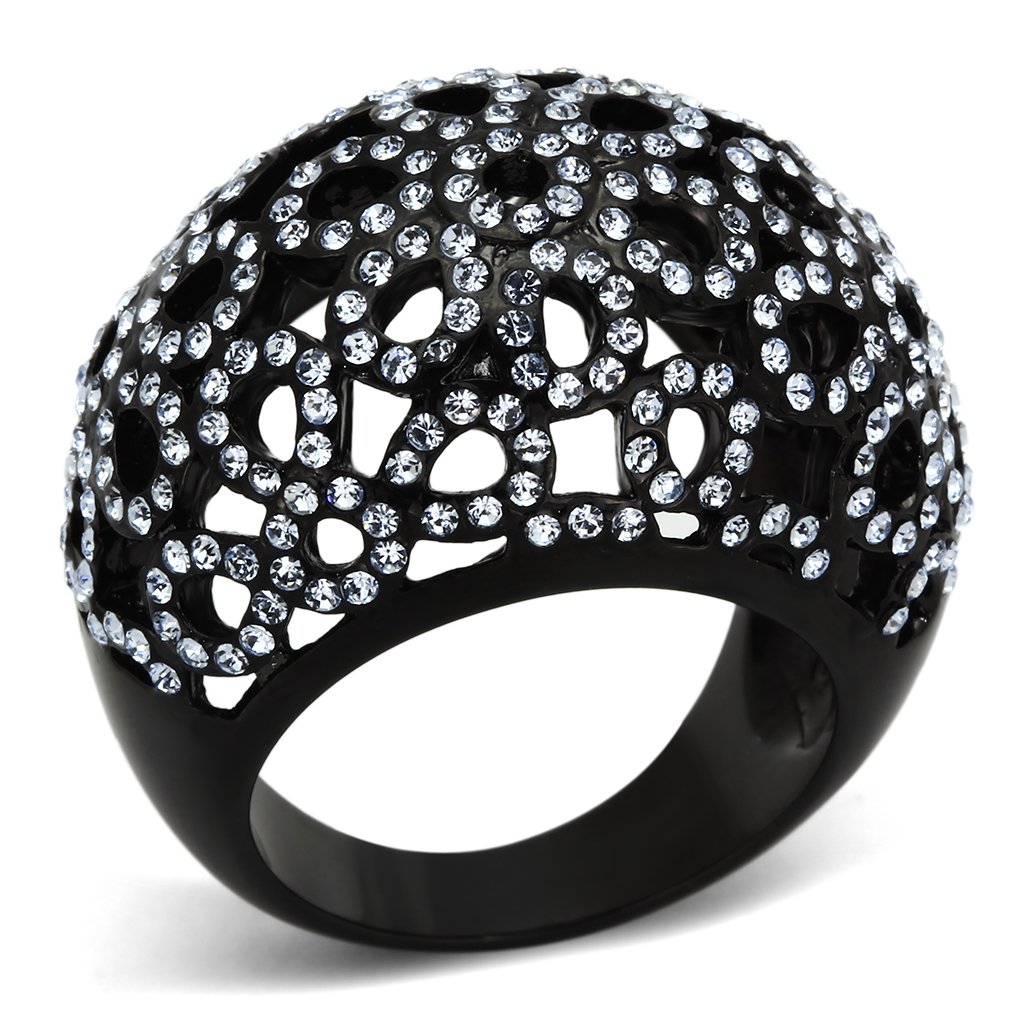 Elegant Women Stainless Steel Ring with Light Sapphire Synthetic Crystal and IP Black Ion Plating.