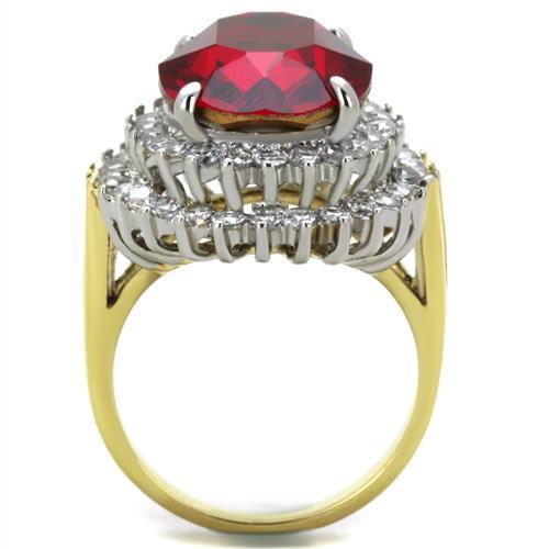 Elegant women stainless steel ring featuring synthetic crystal in Siam color with two-tone IP gold finish.