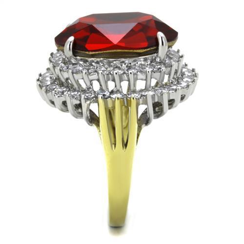 Elegant women stainless steel ring featuring synthetic crystal in Siam color with two-tone IP gold finish.