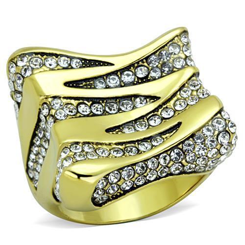 Elegant women’s stainless steel ring with synthetic crystal and IP gold plating, showcasing a sparkling design.