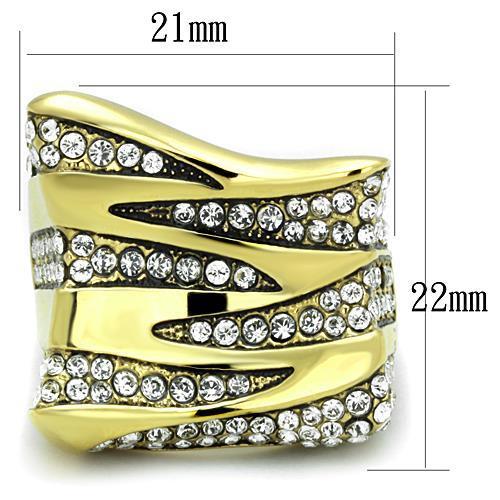 Elegant women’s stainless steel ring with synthetic crystal and IP gold plating, showcasing a sparkling design.