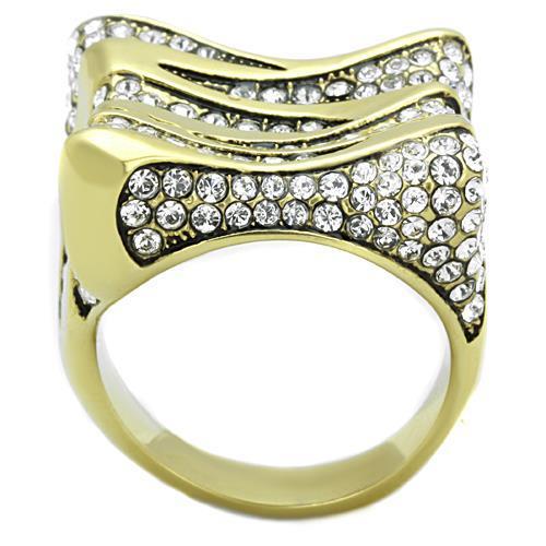 Elegant women’s stainless steel ring with synthetic crystal and IP gold plating, showcasing a sparkling design.