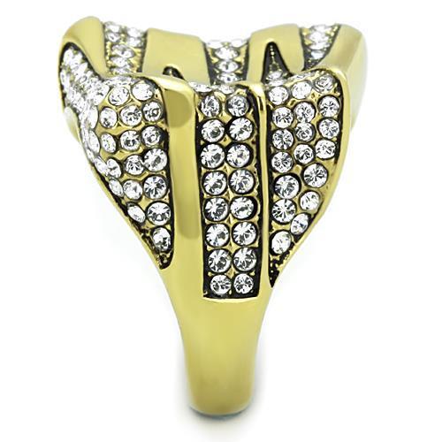 Elegant women’s stainless steel ring with synthetic crystal and IP gold plating, showcasing a sparkling design.