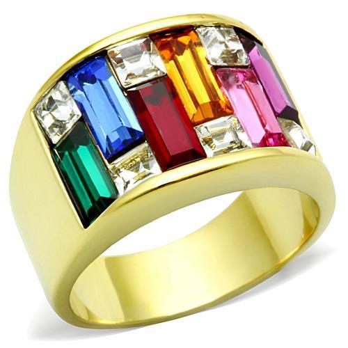 A collection of Women Stainless Steel Synthetic Crystal Rings featuring vibrant colors and IP gold plating.