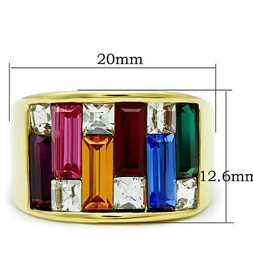 A collection of Women Stainless Steel Synthetic Crystal Rings featuring vibrant colors and IP gold plating.