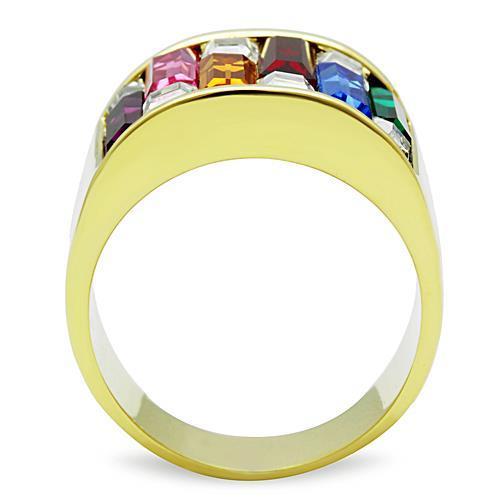 A collection of Women Stainless Steel Synthetic Crystal Rings featuring vibrant colors and IP gold plating.