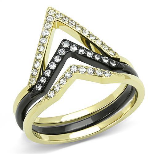 Elegant Women Stainless Steel Ring featuring Synthetic Crystal in IP Gold and IP Black finishes.