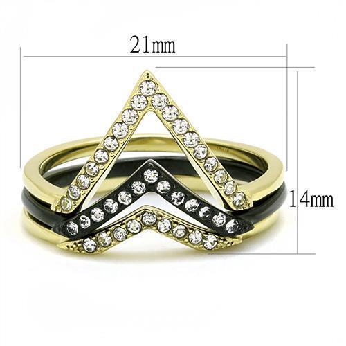 Elegant Women Stainless Steel Ring featuring Synthetic Crystal in IP Gold and IP Black finishes.