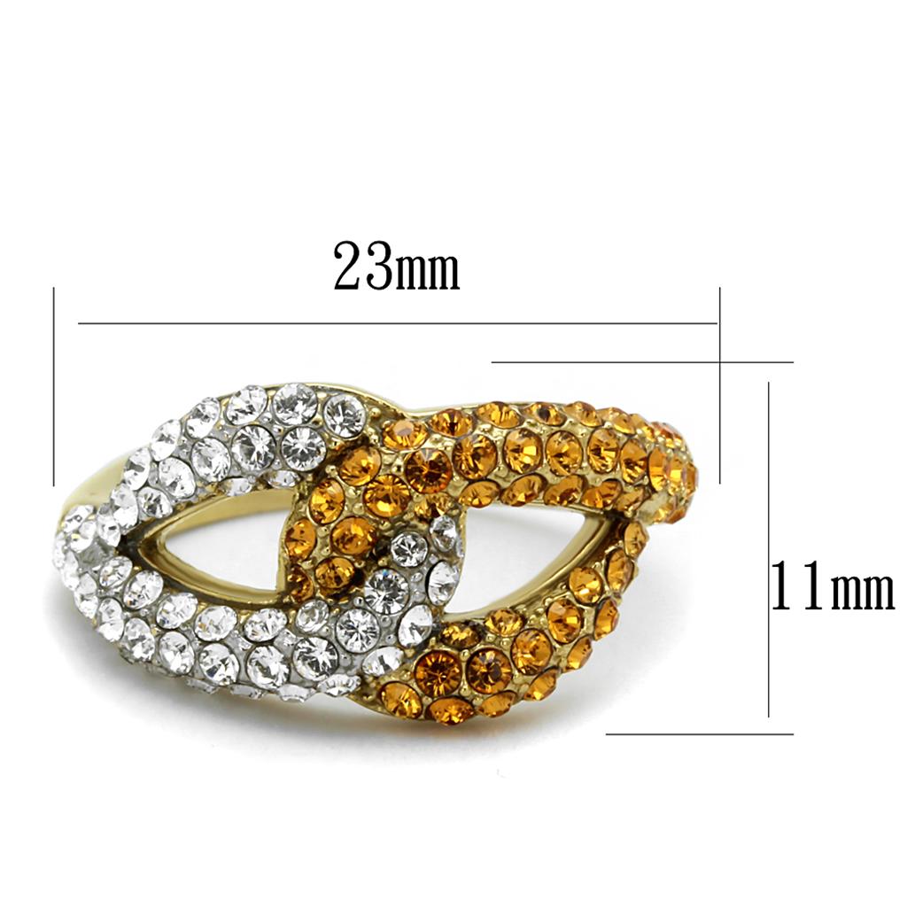 A stylish women's stainless steel ring featuring synthetic topaz crystals and a two-tone IP gold finish, perfect for any occasion.