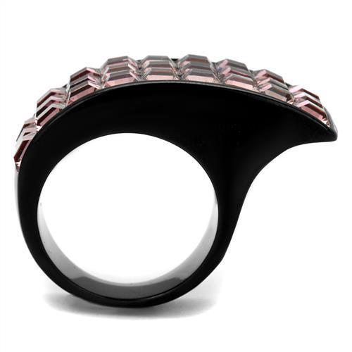 A stylish women's stainless steel ring featuring a light rose synthetic crystal and IP black ion plating, perfect for elegant occasions.