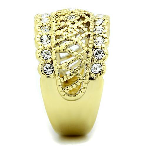 A beautiful women’s stainless steel ring featuring synthetic crystals and IP gold plating, showcasing elegance and durability.