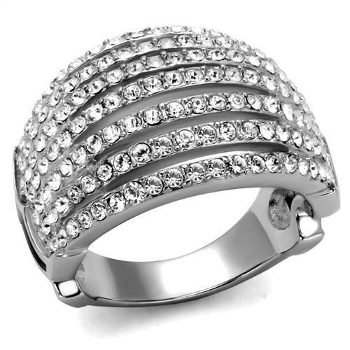 A beautiful women's stainless steel ring featuring a clear synthetic crystal, showcasing a high polished finish.