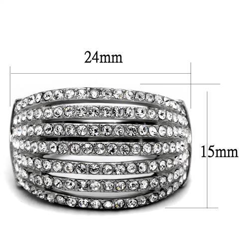 A beautiful women's stainless steel ring featuring a clear synthetic crystal, showcasing a high polished finish.