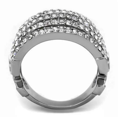 A beautiful women's stainless steel ring featuring a clear synthetic crystal, showcasing a high polished finish.