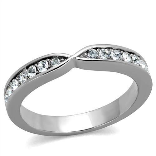 A beautiful women's stainless steel ring featuring a high-polished finish and a clear synthetic crystal centerpiece, showcasing elegance and durability.