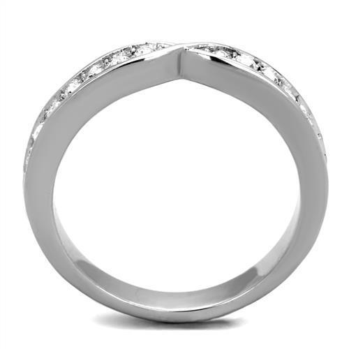 A beautiful women's stainless steel ring featuring a high-polished finish and a clear synthetic crystal centerpiece, showcasing elegance and durability.