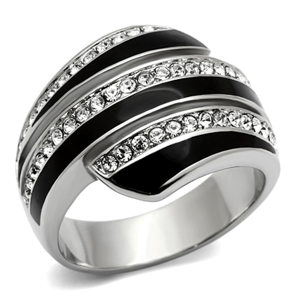 Elegant women’s ring made of high-polished stainless steel with clear synthetic crystals, showcasing a modern design.