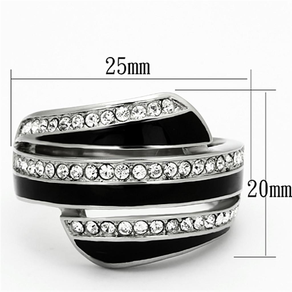 Elegant women’s ring made of high-polished stainless steel with clear synthetic crystals, showcasing a modern design.