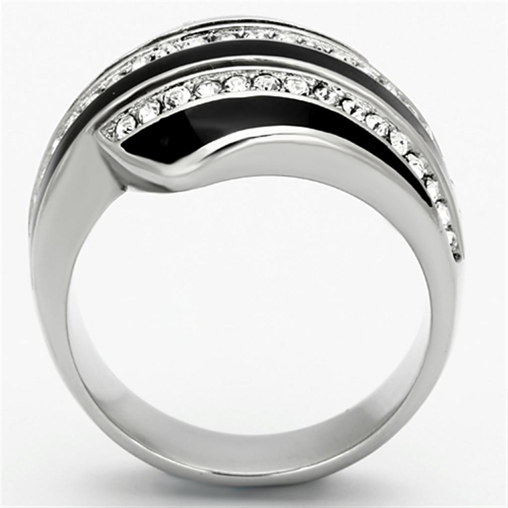 Elegant women’s ring made of high-polished stainless steel with clear synthetic crystals, showcasing a modern design.