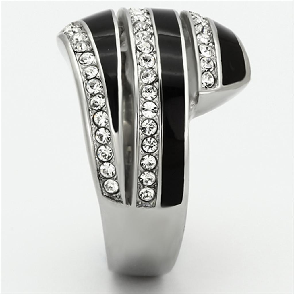 Elegant women’s ring made of high-polished stainless steel with clear synthetic crystals, showcasing a modern design.