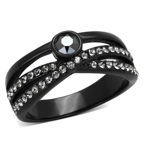 A stylish women's stainless steel ring with synthetic crystal accents in hematite color, featuring IP black ion plating for durability.