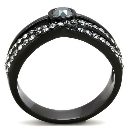 A stylish women's stainless steel ring with synthetic crystal accents in hematite color, featuring IP black ion plating for durability.