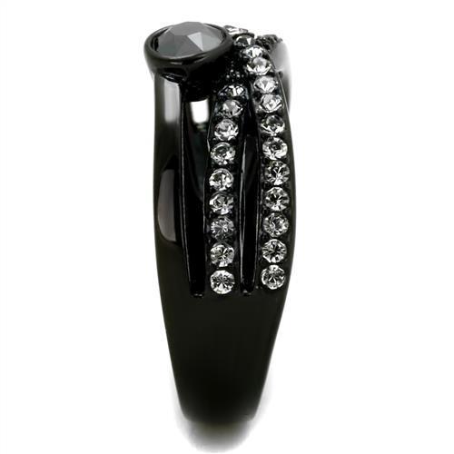 A stylish women's stainless steel ring with synthetic crystal accents in hematite color, featuring IP black ion plating for durability.