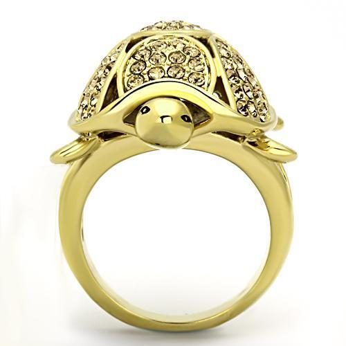 Elegant women’s stainless steel ring with synthetic citrine crystal and IP gold plating, showcasing a vibrant yellow hue.