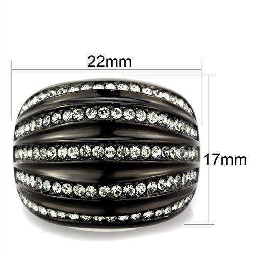 A stylish women's ring made of stainless steel with synthetic crystals and IP black plating, featuring a black diamond design.