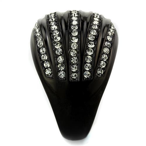 A stylish women's ring made of stainless steel with synthetic crystals and IP black plating, featuring a black diamond design.