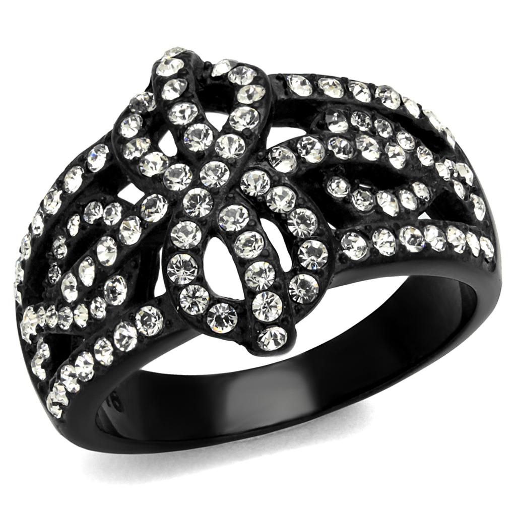 A stylish women's stainless steel ring featuring a clear synthetic crystal and IP black ion plating, showcasing elegance and durability.