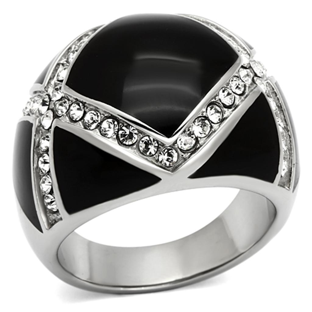 A stylish women's stainless steel ring featuring clear synthetic crystals, showcasing a high-polished finish.