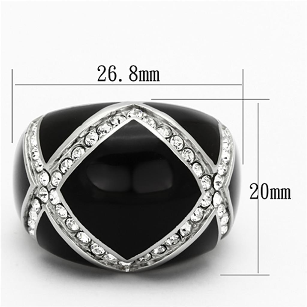 A stylish women's stainless steel ring featuring clear synthetic crystals, showcasing a high-polished finish.