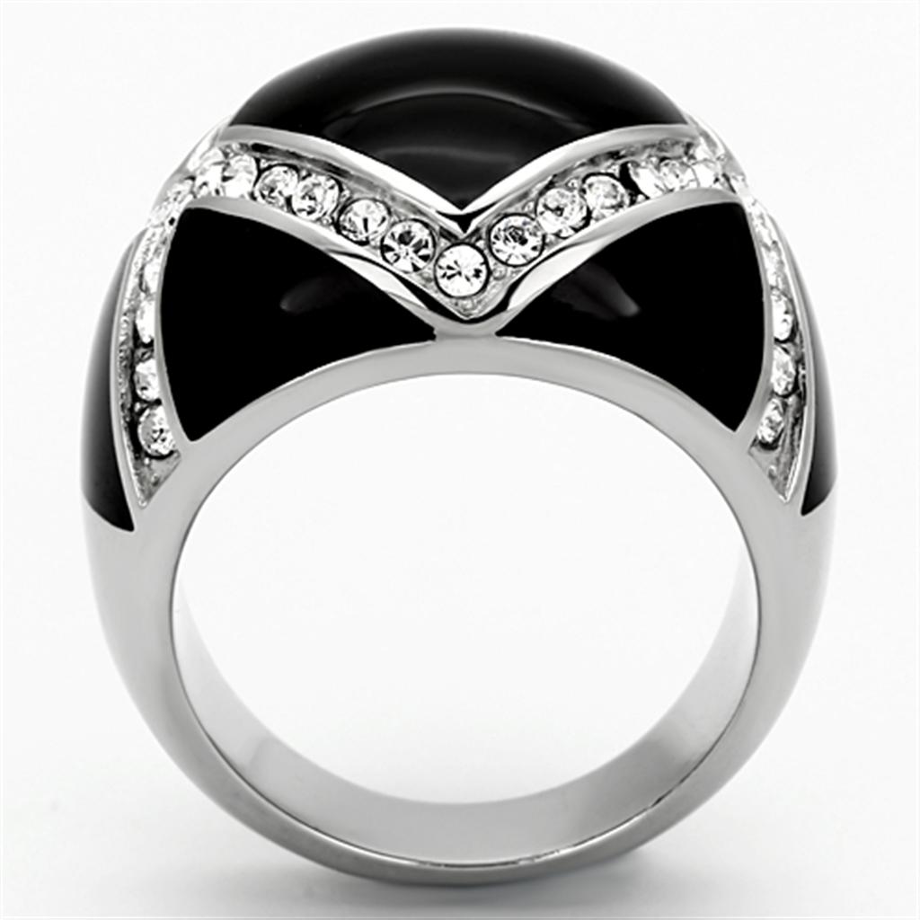 A stylish women's stainless steel ring featuring clear synthetic crystals, showcasing a high-polished finish.