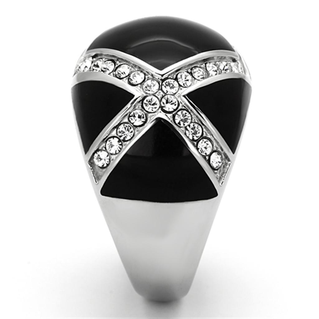 A stylish women's stainless steel ring featuring clear synthetic crystals, showcasing a high-polished finish.