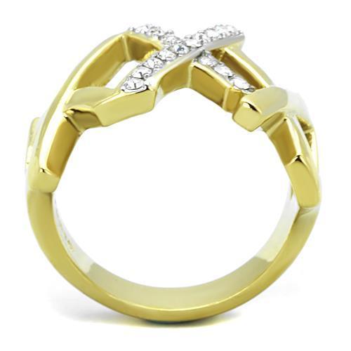 A beautiful two-tone stainless steel ring with clear synthetic crystals, showcasing elegance and durability.