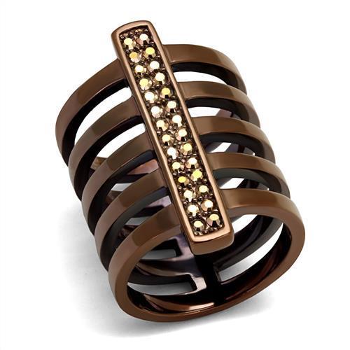 A stylish women's stainless steel ring featuring synthetic crystals in a light coffee color, showcasing elegance and durability.