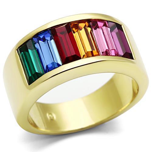 A collection of women’s stainless steel rings featuring synthetic crystals in various vibrant colors and IP gold plating.